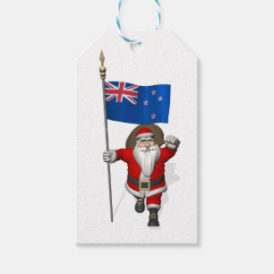 Etiquetas Para Regalos Jolly Santa Claus Con Bandera De Nueva Zelanda
