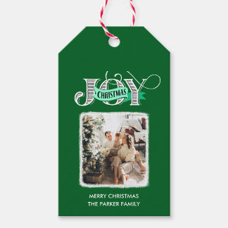 Etiquetas Para Regalos JOY Modern Green Simple Family Photo Navidades