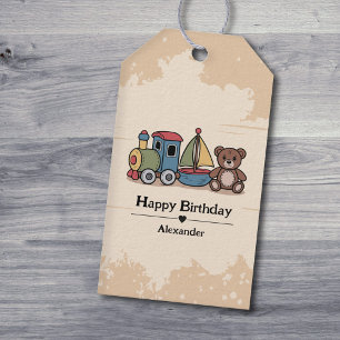 Etiquetas Para Regalos Juguetes de madera con tren, velero y oso de peluc