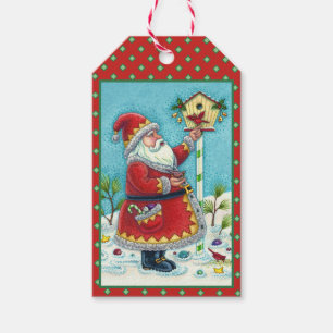 ETIQUETAS PARA REGALOS KRIS KRINGLE ALIMENTANDO PÁJAROS ROJOS, CASITA DE