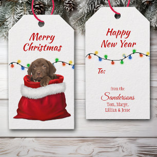 Etiquetas Para Regalos Labrador de chocolate recuperado cachorro en Santa