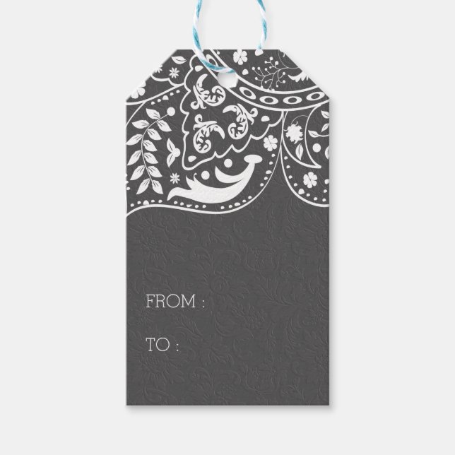 Etiquetas Para Regalos Lazo blanco oscuro de Damasco gris (Anverso)