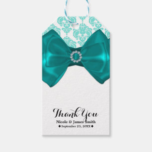 Etiquetas Para Regalos Lazo de Bling de Damasco Teal y Blanco Glam Fiesta