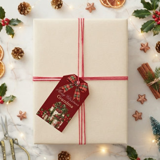 Etiquetas Para Regalos Lazo de Cuadro Burgundy Rojo Navidad Nombre Person