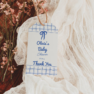 Etiquetas Para Regalos Lazo de gingham dibujado a mano azul retro para be