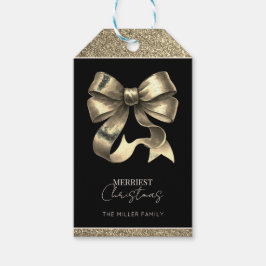 Etiquetas Para Regalos Lazo de Navidad con brillo negro y dorado