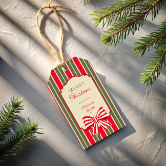 Etiquetas Para Regalos Lazos con rayas rojas y verdes retro de Navidad