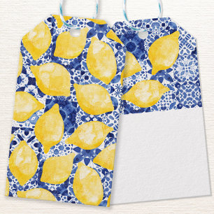 Etiquetas Para Regalos Lemon Citrus Watercolor Azul Tile Mediterráneo