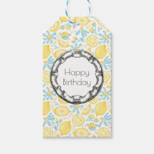 Etiquetas Para Regalos Lemones amarillos y flores azules pastel Feliz cum