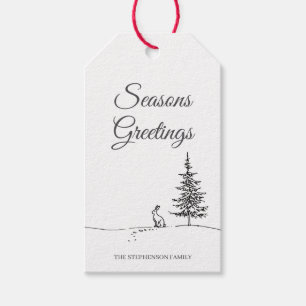 Etiquetas Para Regalos Liebre Festiva de Bosque Invernal Dibujada a Mano