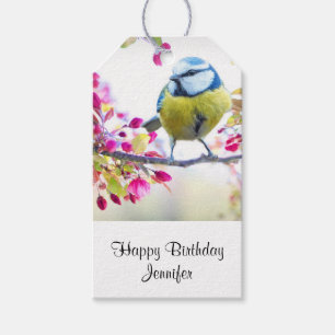 Etiquetas Para Regalos Lindo pájaro azul y amarillo en una rama de cumple