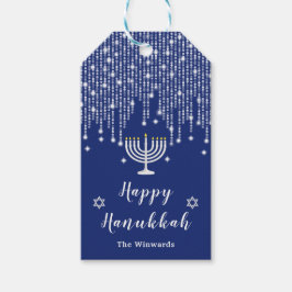 Etiquetas Para Regalos Luces de cadena azul y plata Hanukkah feliz