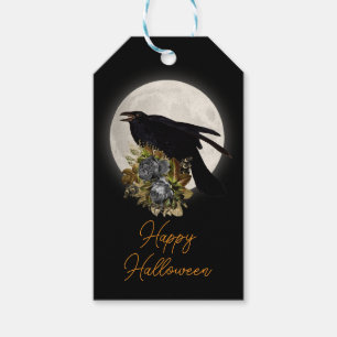Etiquetas Para Regalos Luna, Cuervo y Flores Feliz Halloween