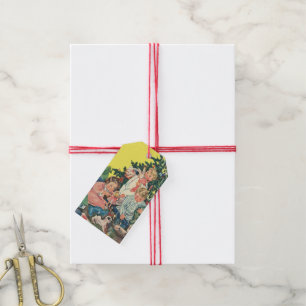 Etiquetas Para Regalos Mañana de Navidad Vintage, niños abriendo regalos