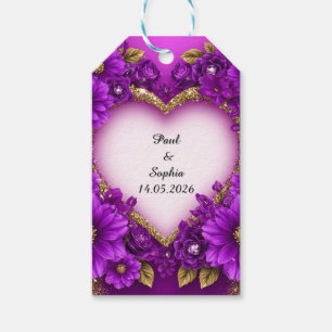 Etiquetas Para Regalos Marco de Corazón Morado con Brillo y Flores