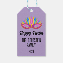Etiquetas Para Regalos Máscara púrpura de Purim con nombre de familia Fea