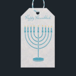 Etiquetas Para Regalos Menorah azul, Hanukkah feliz<br><div class="desc">Una etiqueta de regalo de Hanukkah con una menorah azul turquesa sobre fondo de mármol gris y texto Feliz Hanukkah.</div>