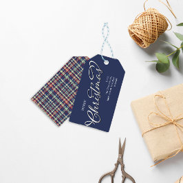 Etiquetas Para Regalos Merry Christmas Caligraphy Script Navy Blue Plaid