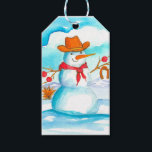 Etiquetas Para Regalos Merry Christmas Cowboy Snowman<br><div class="desc">Una etiqueta de regalo de vacaciones para Navidades que muestra a un animado muñeco de nieve en un gorra de vaquero y nariz de zanahoria dibujada con tinta de sepia y acuarela.</div>