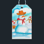 Etiquetas Para Regalos Merry Christmas Cowboy Snowman<br><div class="desc">Una etiqueta de regalo de vacaciones para Navidades que muestra a un animado muñeco de nieve en un gorra de vaquero y nariz de zanahoria dibujada con tinta de sepia y acuarela.</div>
