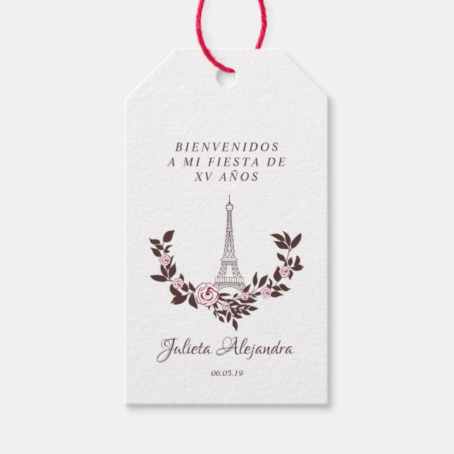 Etiquetas Para Regalos Mis Quince años Diseño Floral Torre Eiffel (Anverso)