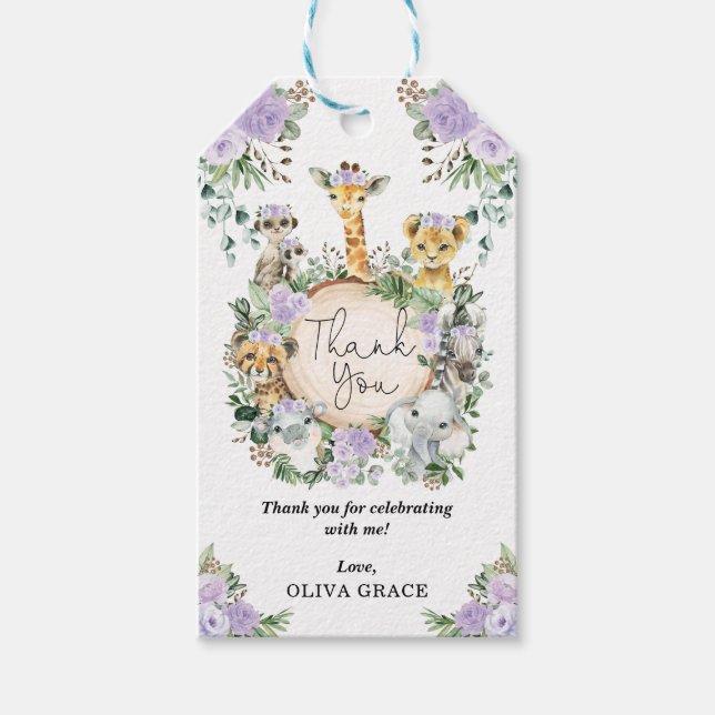 Etiquetas Para Regalos Moda Jungle Safari Animales Bebé Morado Floral (Anverso)