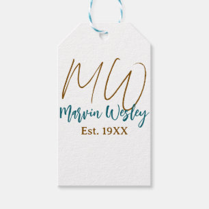Etiquetas Para Regalos Monograma marrón azul turquesa año est.simple mini