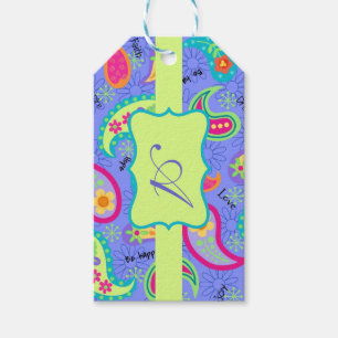 Etiquetas Para Regalos Monograma Paisley moderna de la verde lima de la