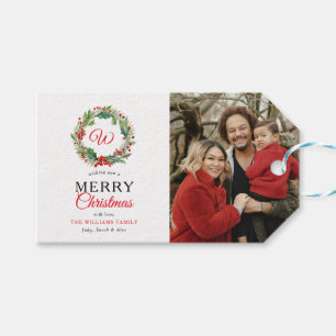 Etiquetas Para Regalos Monograma Red Wreath Merry Christmas Photo