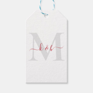 Etiquetas Para Regalos Monograma Rojo y Gris Escritura Floreada Blanco