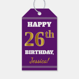 Etiquetas Para Regalos Morado, Faux Gold 26th Birthday + Nombre personali