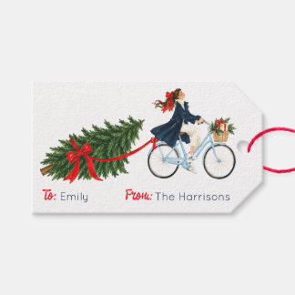 Etiquetas Para Regalos Mujer elegante de Hamptons en bicicleta en Navidad