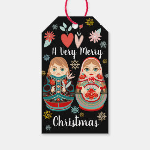 Etiquetas Para Regalos Muñecas Rusas Matryoshka Sr & Sra con Copos de Nie
