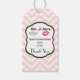Etiquetas Para Regalos Mustache & Lips Mr. y la Sra. Peach Chevron Boda
