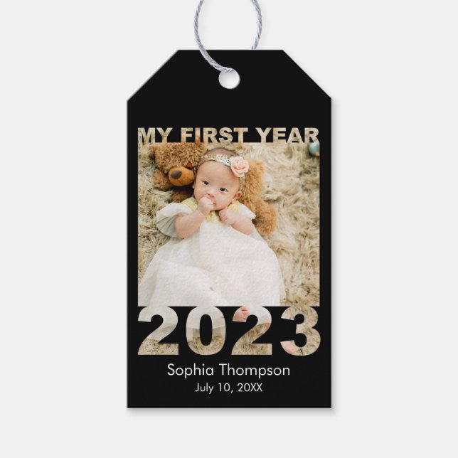 Etiquetas Para Regalos My First Year 2023 Modern Cutout Baby Photo Black (Anverso)
