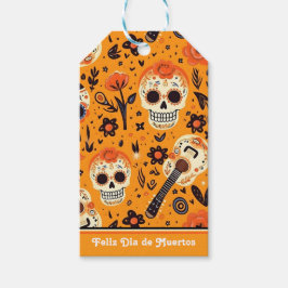 Etiquetas Para Regalos Naranja de Dia de Muertos, guitarras y cráneos del
