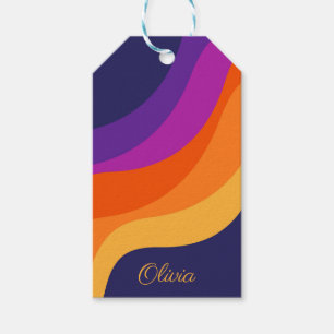 Etiquetas Para Regalos Naranja púrpura y ondas diagonales retro amarillas