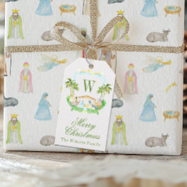 Etiquetas Para Regalos Natividad Monograma Cresta Navidad Acuarela