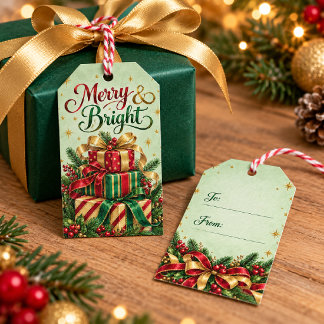 Etiquetas Para Regalos Navidad Alegre y Brillante Rojo Verde Dorado