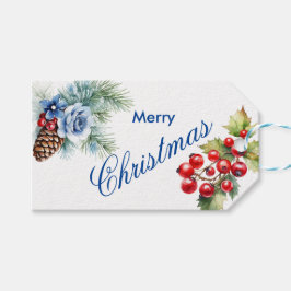 Etiquetas Para Regalos Navidad con Bayas de Acebo Azules sobre Blanco