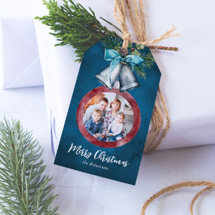 Etiquetas Para Regalos Navidad Ornamento Foto Festividad Azul