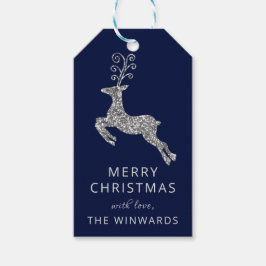 Etiquetas Para Regalos Navidad Reno de Navidad Azul y Purpurina Plateada