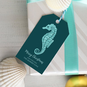 Etiquetas Para Regalos Navidades costeros Purpurina Seahorse Aqua Verde a