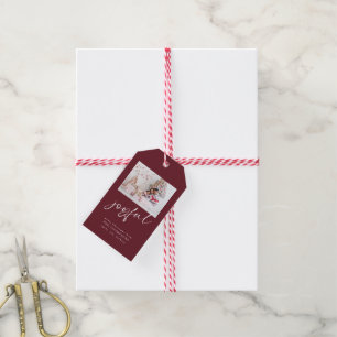 Etiquetas Para Regalos Navidades de Borgoña con escritura alegre y foto m