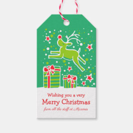 Etiquetas Para Regalos Navidades de renos bailando sobre regalos de rojo