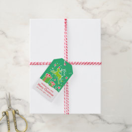 Etiquetas Para Regalos Navidades de renos bailando sobre regalos de rojo 