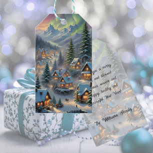 Etiquetas Para Regalos Navidades en un pueblo de montaña, luces polares