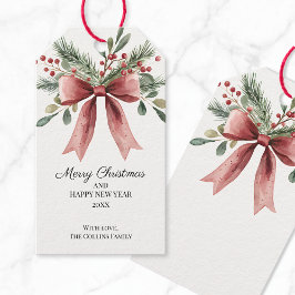 Etiquetas Para Regalos Navidades Green Holly Berries Watercolor Red Bow