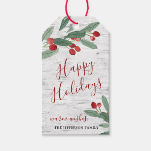 Etiquetas Para Regalos Navidades Holly Rustic Happy Holidays White Bark