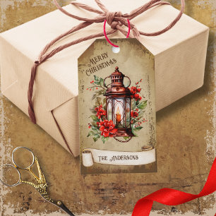 Etiquetas Para Regalos Navidades Retro Vintage Linterna Rojo Floral Verde